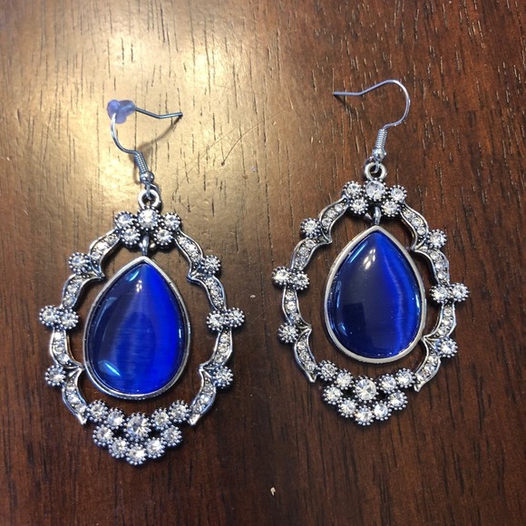Cobalt Blue Teardrop Surrounded by Rhinestone Drop Earrings - Picture 6 of 8